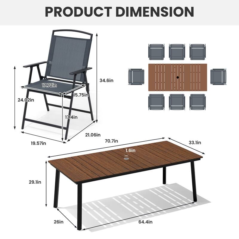 9-Piece Outdoor Dining Set Patio Dining Table with Umbrella Hole and Folding Chairs
