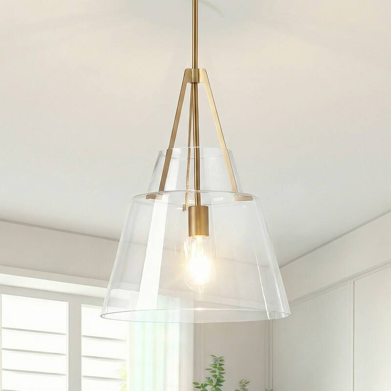 15" Contemporary Brushed Gold Tapered Clear Glass 1-Light Adjustable Pendant Fixture - N/A