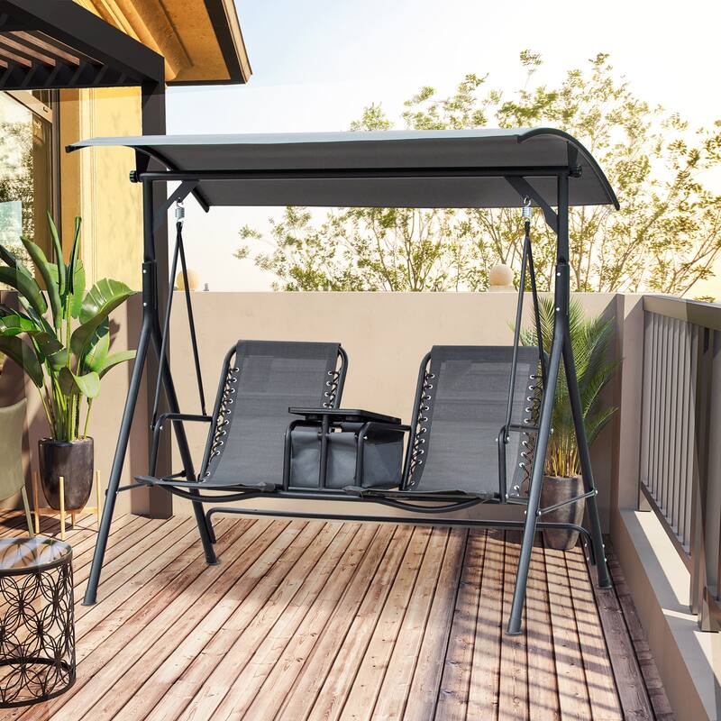 Outsunny 2 Person Covered Porch Swing with Pivot Storage Table, Cup Holder, & Adjustable Overhead Canopy, Grey - 65.25"x43.25"x63.75" - Grey