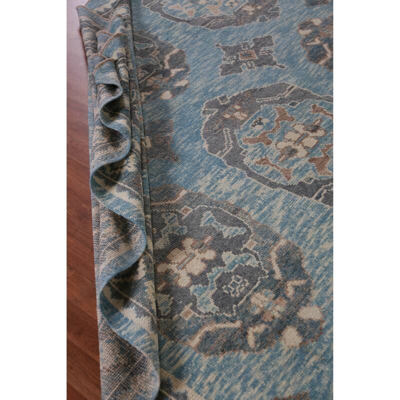 Hand Knotted Oriental 100% Wool Carpet Transitional Geometric Navy Blue & Blues Oushak Area Rug - 11' 4'' X 8' 3''