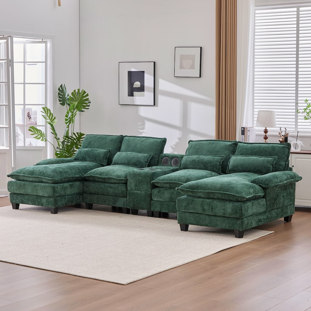 6-seat Chenille Upholstered Modern U-shaped Sectional Multifunctional Sofa with 2 Cup Holders,Pull-out Storage Space