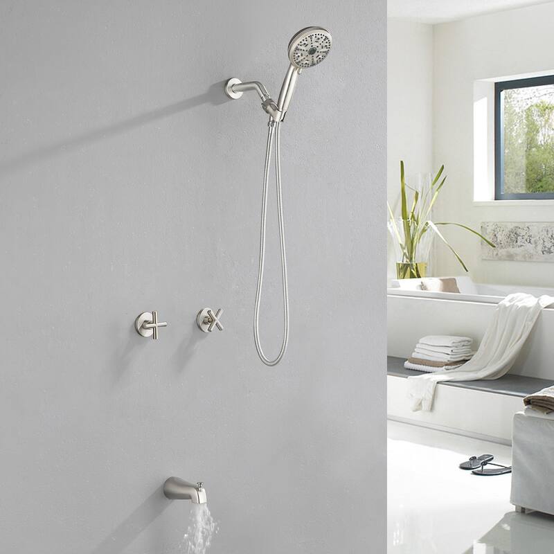 Wall Mount Shower Faucet with Tub Spout Brass 10-Setting Spray Complete Shower System with Rough-in Valve