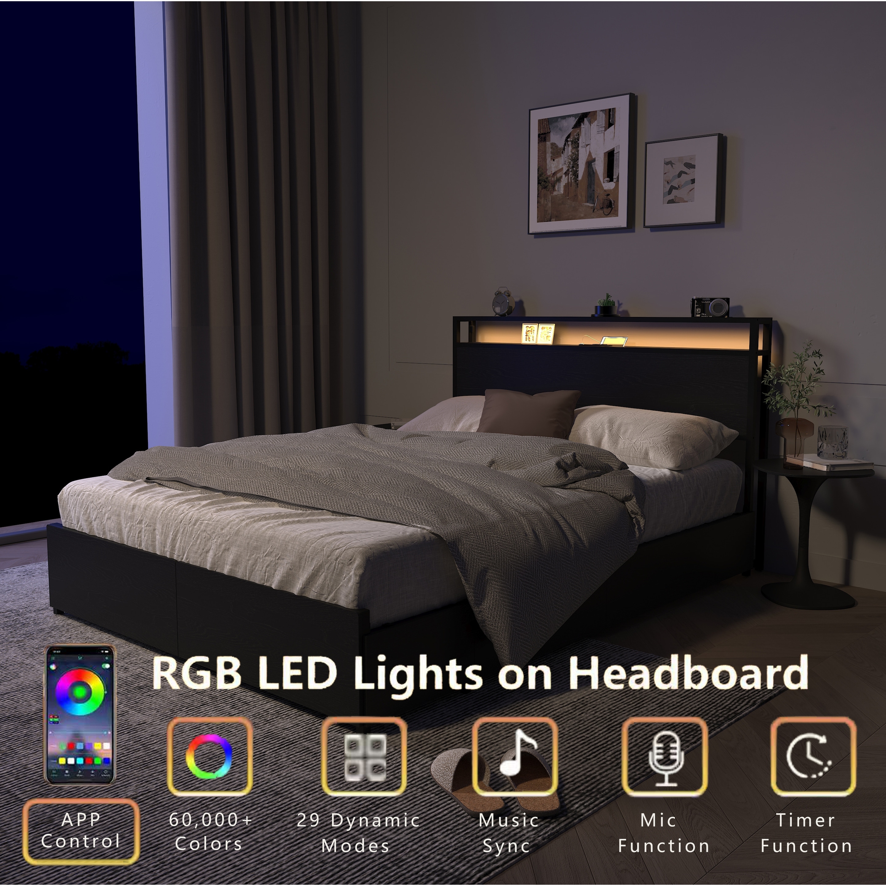 Full Bed Frame, Storage Headboard With Charging Station, Solid Stable, Noise Free, No Box Spring Needed, Easy Assembly