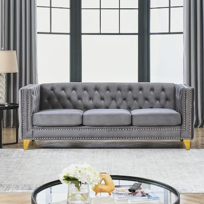 Buttons Tufted Velvet Upholstered Three Person Sofa with Nailhead Trim