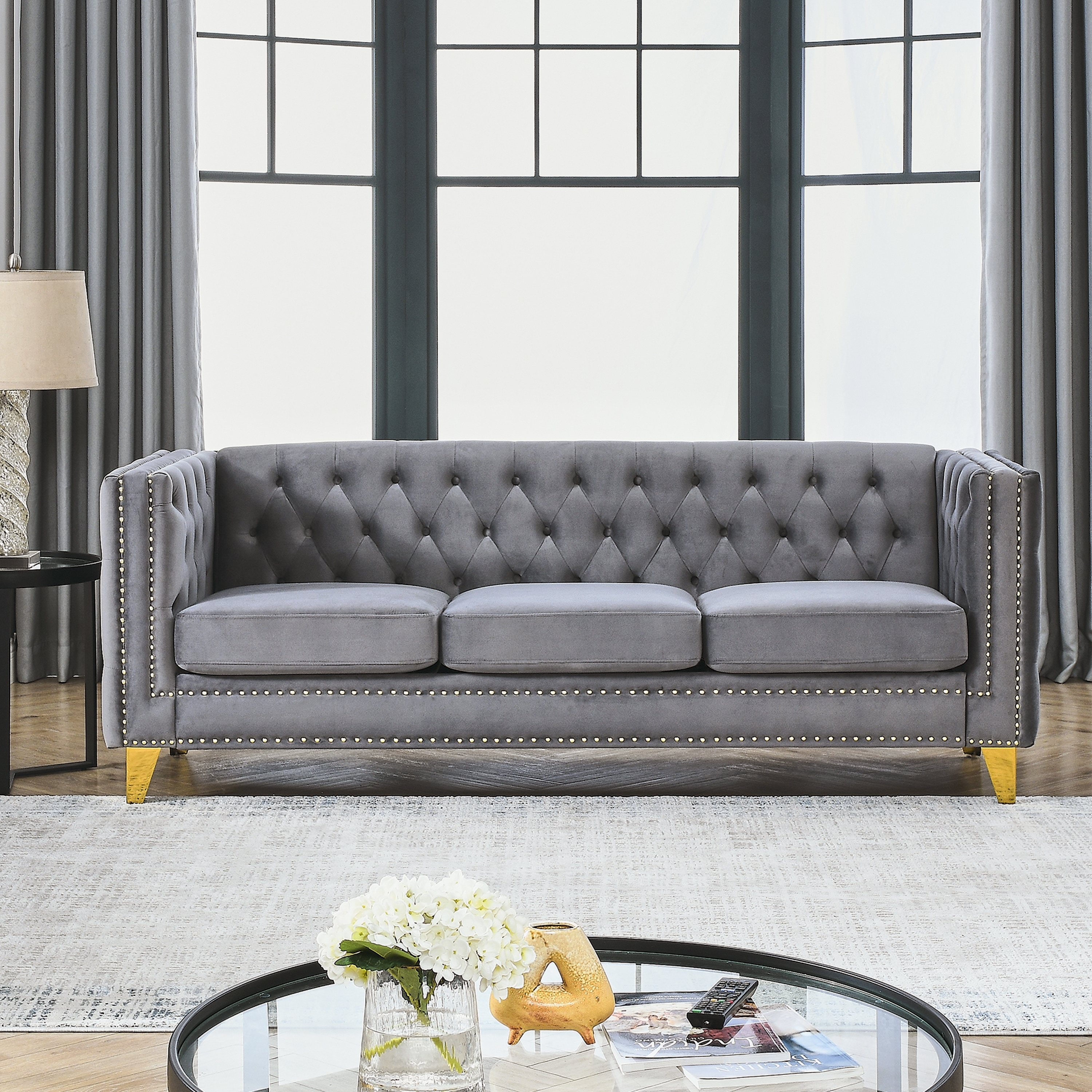 Chesterfield Button Tufted Velvet Sofa, Square Arm Couch with Metal Legs for Living Room