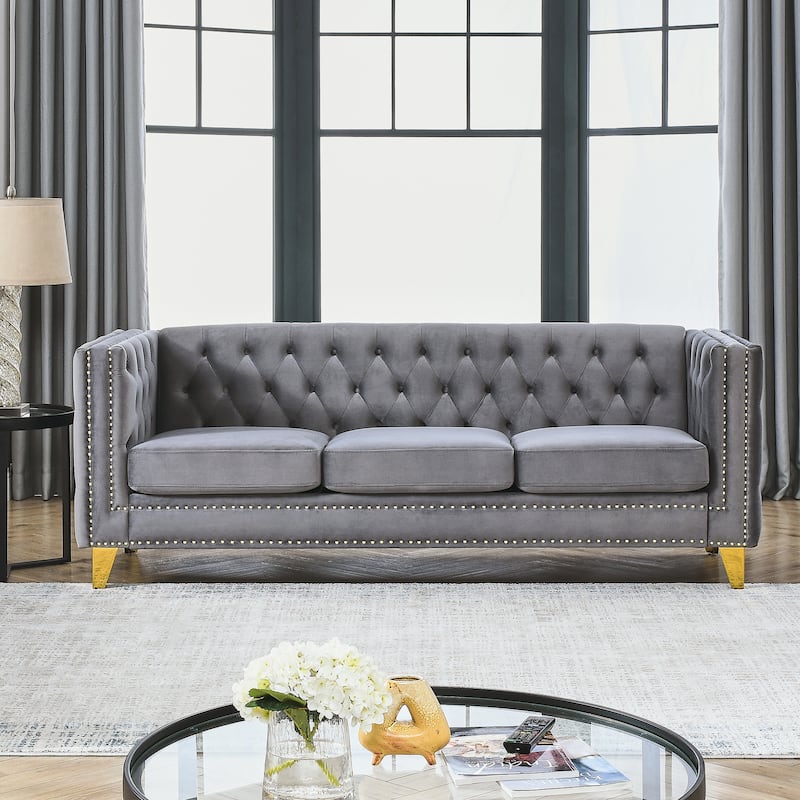 Roomfitters 80.5" Chesterfield Sofa, 3-Seater Velvet Tufted Couch with Square Arms, Nailhead Trim and Gold Metal Legs