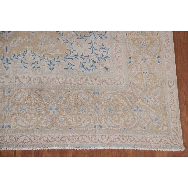 Hand Knotted Oriental 100% Wool Carpet Traditional Floral Yellow & Gold Kerman Area Rug - 12' 8'' X 9' 7''