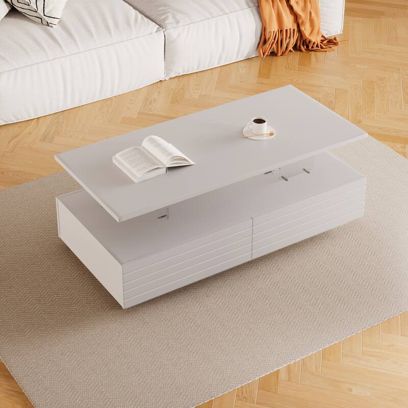 Modern White Rectangular LED Lights Coffee Table with 2 Drawers