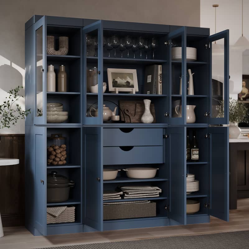 Palace Imports 100% Solid Wood 65" Pantry Cabinet with Clear Glass, Shaker Doors, 2-Drawers and Adjustable Shelves - Antique Blue