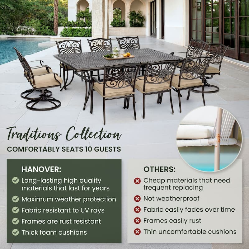 Hanover Traditions 11-Piece Dining Set in Tan with Four Swivel Rockers, Six Dining Chairs, and an Extra-Long Dining Table