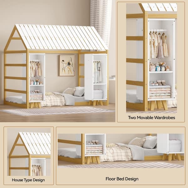 slide 2 of 28, Twin Size House Bed Wooden Kids Bed Floor Bed with Fence and Semi-Enclosed Roof, 2 Movable Wardrobes Practical and Functional Natural - Twin