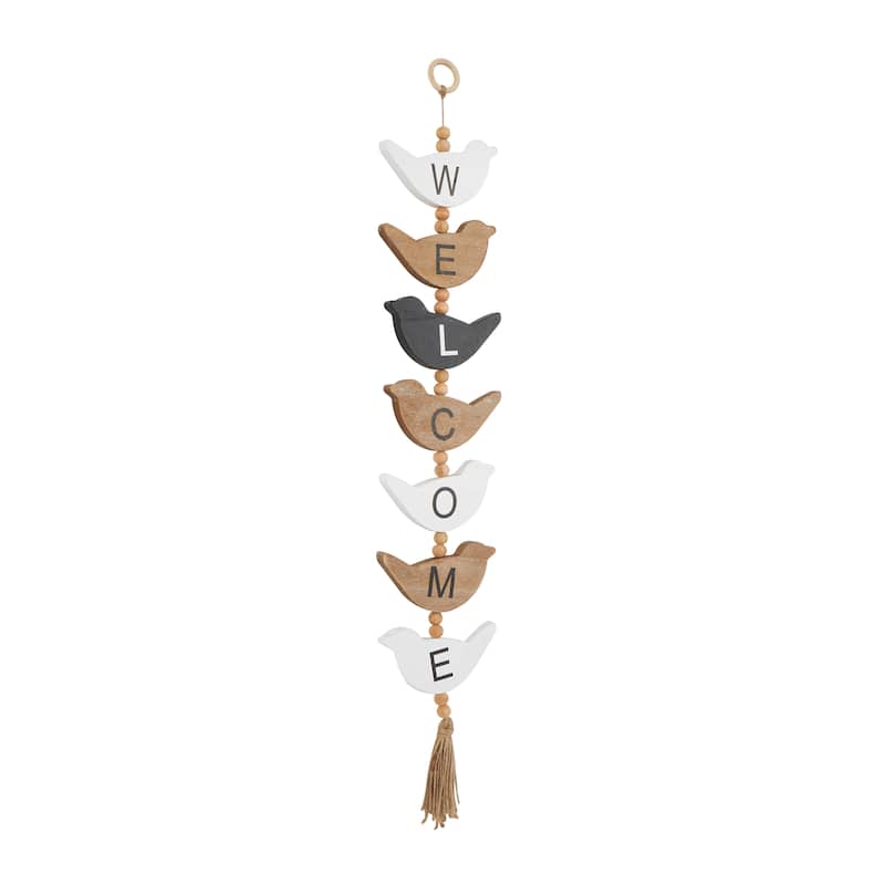 Brown or Black Wood Handmade Family Sign Bird Wall Decor with Tassel and Bead Accents