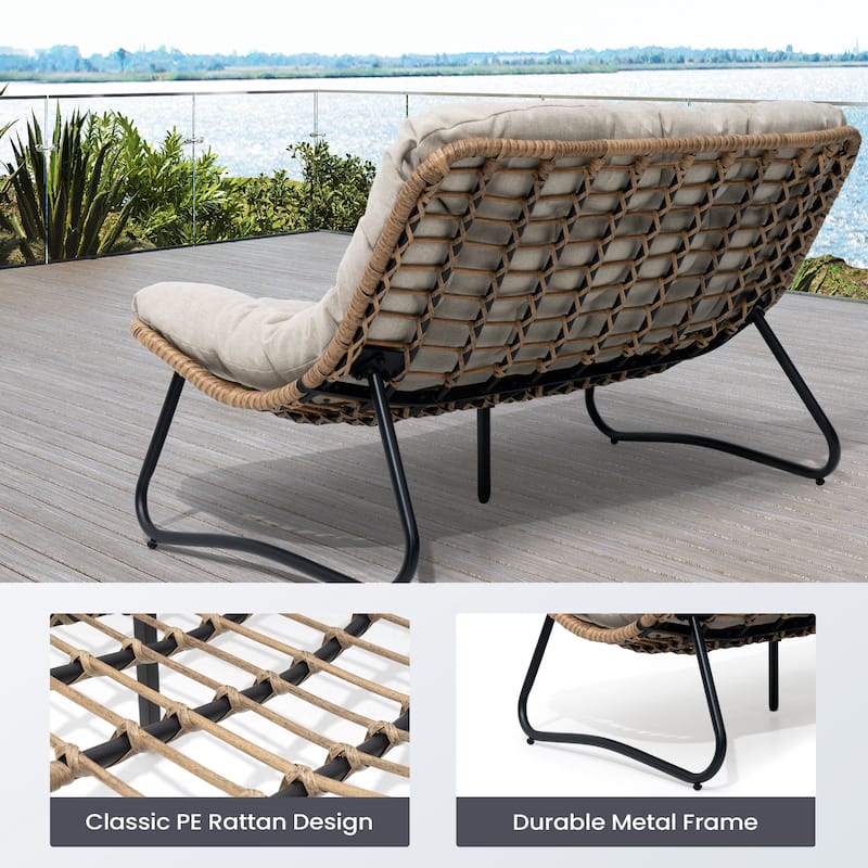 Double Papasan PE Rattan Chair Loveseat with Cushion For Indoor Outdoor