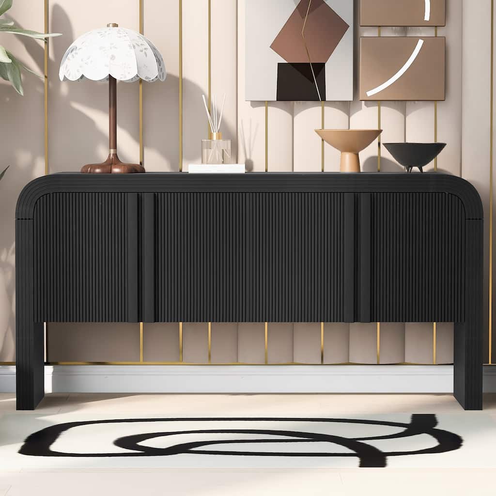 Roomfitters Modern Rustic Curved Wave Pattern Console Table with Adjustable Storage Shelf and Elegant Wooden Handles