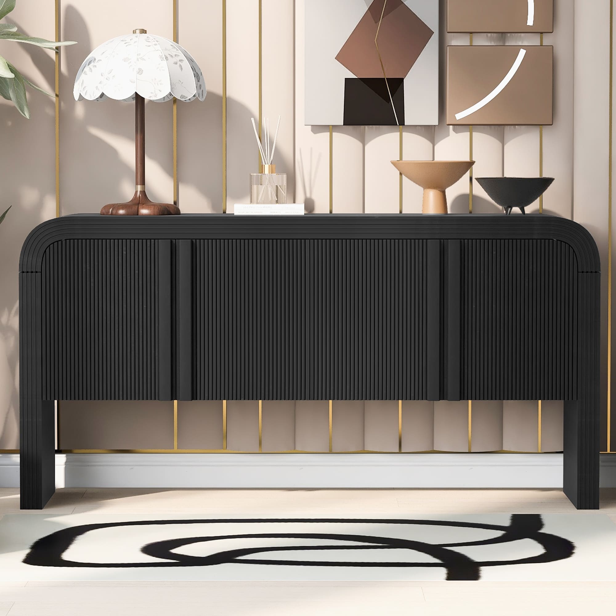 Roomfitters Modern Rustic Curved Wave Pattern Console Table with Adjustable Storage Shelf and Elegant Wooden Handles