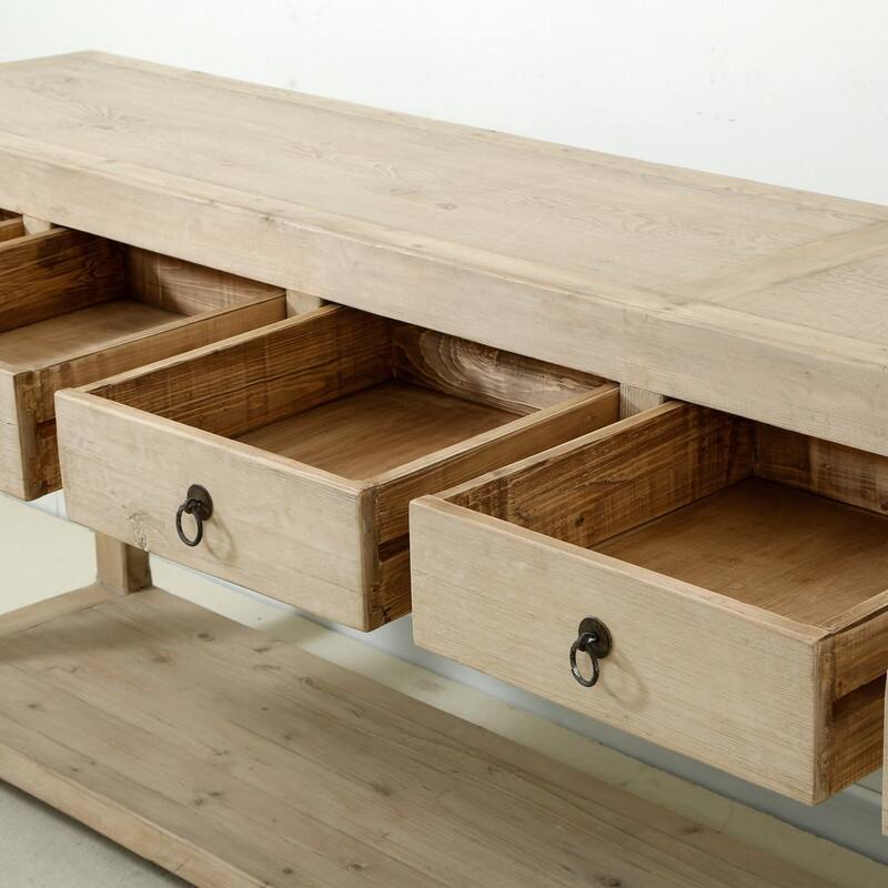 110" W Rectangle Weathered Natural Wood Indoor Console Table w/6 Drawers, Spacious Bottom Shelf