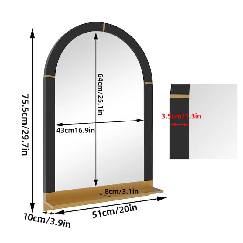Wood Framed Retro Wall Mirror With Metal Gold Shelf - 30" H x 20" W x 4" D