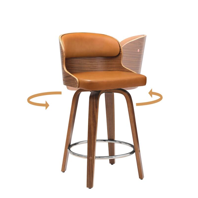 26 in. Counter Height Stool, Wooden Swivel Barstool PU Leather with Low Back - Single - Whiskey Brown