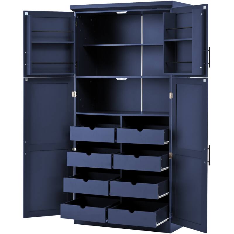 70.9 inch Freestanding Kitchen Cabinet, Tall Storage Cabinet with 4 Doors, 2 Door Shelves, 8 Pull-out Trays and Adjustable Shelf