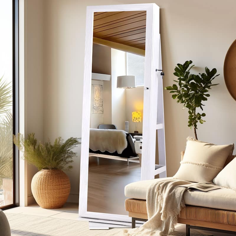 Standing Lockable Jewelry Armoire Jewelry Cabinet Organizer with Full-Length Mirror - 62.4"×14.8"