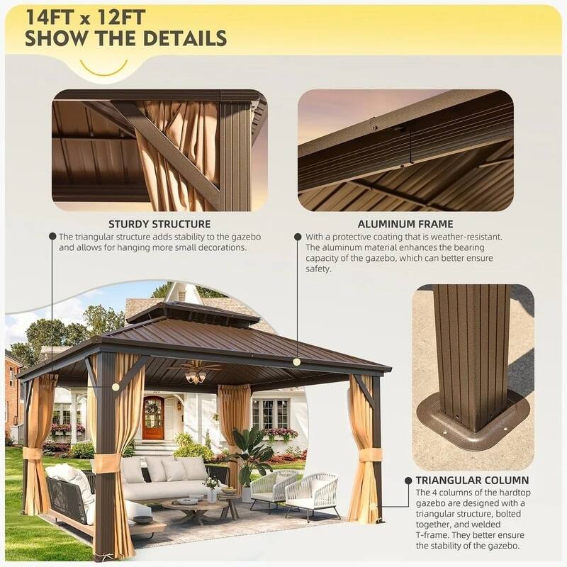 Outdoor Hardtop Gazebo with Double Galvanized Steel Roof & Aluminum Frame, Featuring Curtains and Netting for Added Comfort