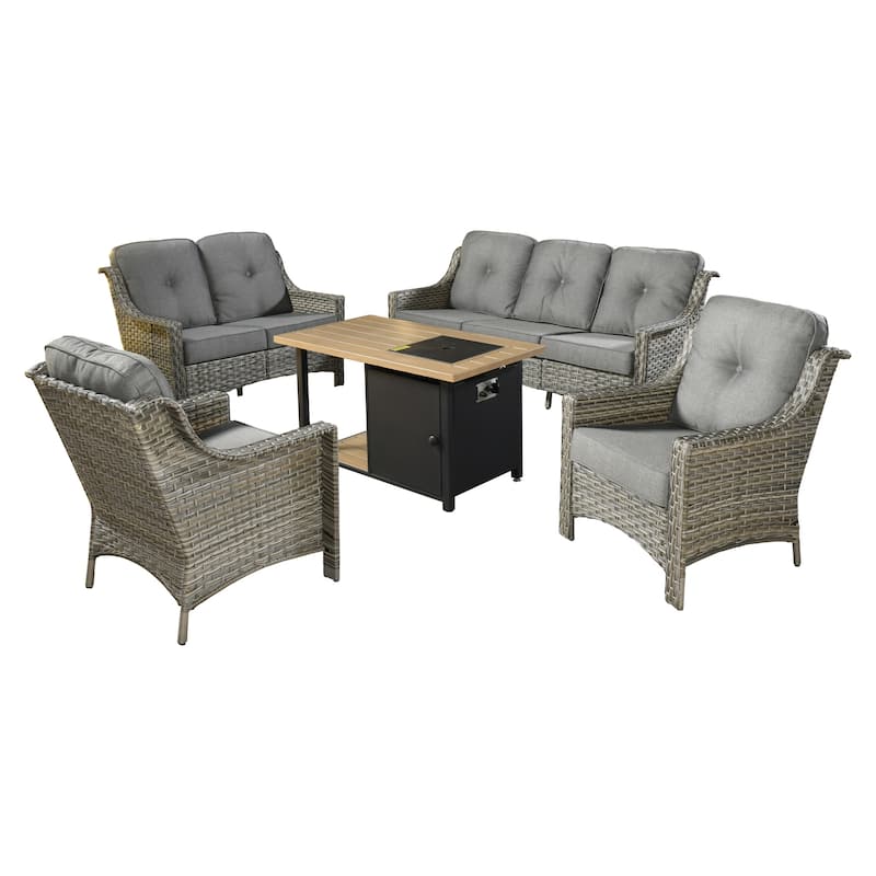 XIZZI 5-piece Patio Furniture Wicker Outdoor High Back Sofa Set with Fire Pit