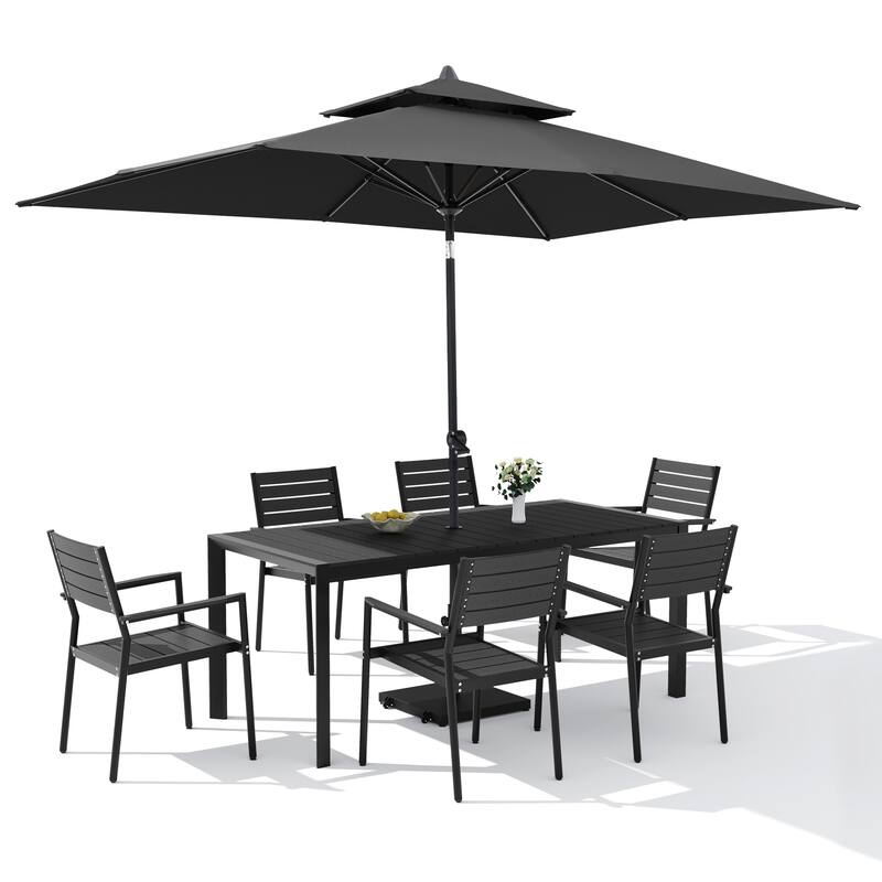 9-PCOutdoor Patio Dining Set Wood Like Aluminum Umbrella Hole Table with Stackable Armchairs, Market Umbrella and Wheel Base