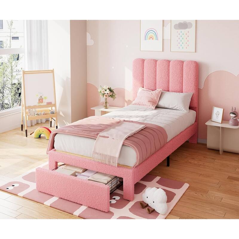 Twin Velvet Upholstered Platform Bed Frame with Wave Headboard & Drawer, No Box Spring Needed, Wood Slats, Noiseless - Twin - Pink Boucle