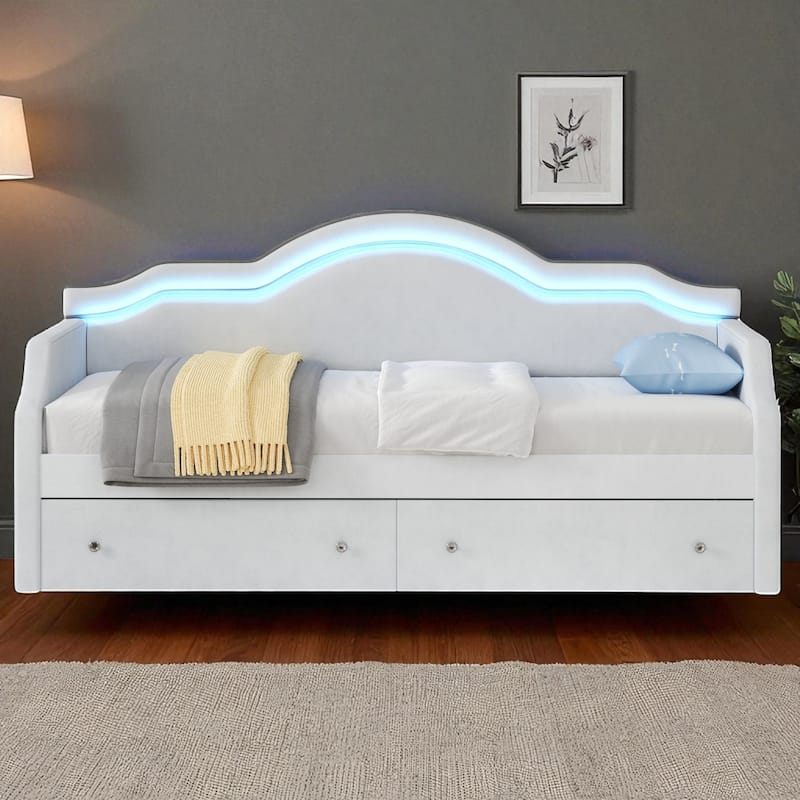 Twin/Full Size Upholstered Daybed with LED Lights, 2 Storage Drawers, Velvet Frame, No Box Spring Required