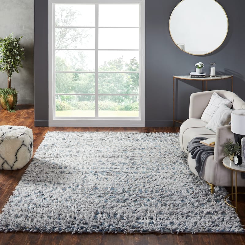 Abstract Tribal Shag Blue/Grey Area Rug