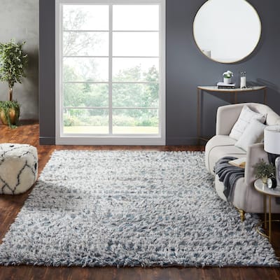 Abstract Tribal Shag Blue/Grey Area Rug