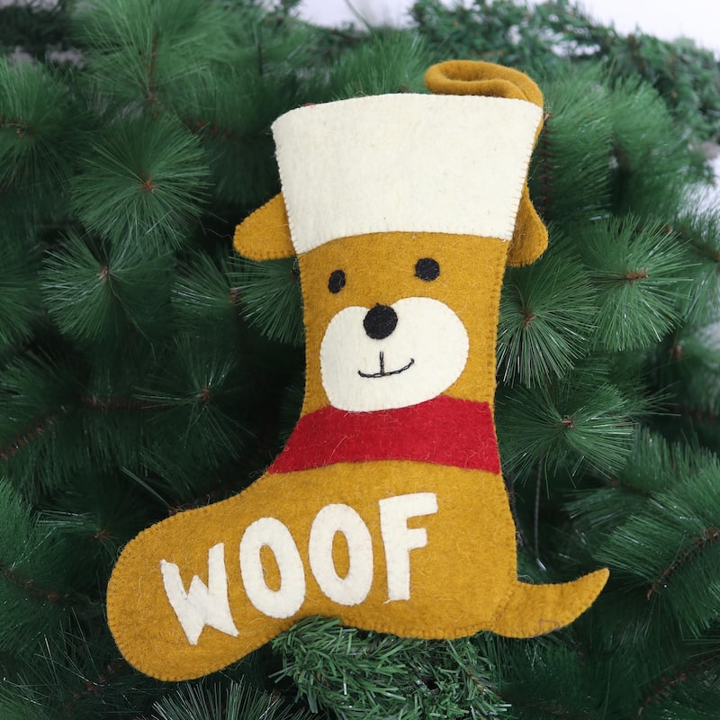 NOVICA Handmade Woof Wool Felt Christmas Stocking