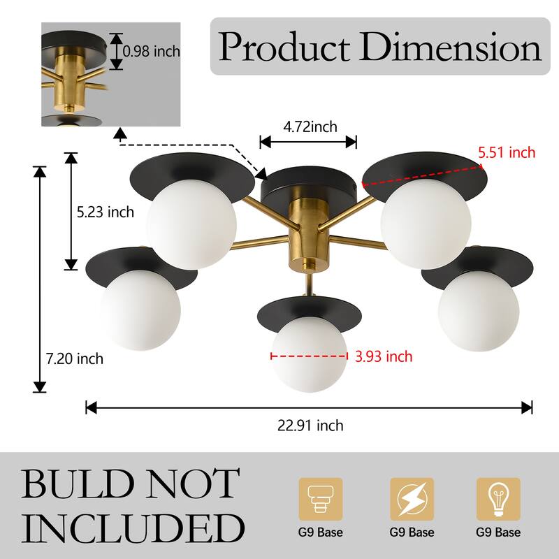 Sputnik Matte Black and Gold 5-Light Semi Flush Mount Light - Matte Black + Gold