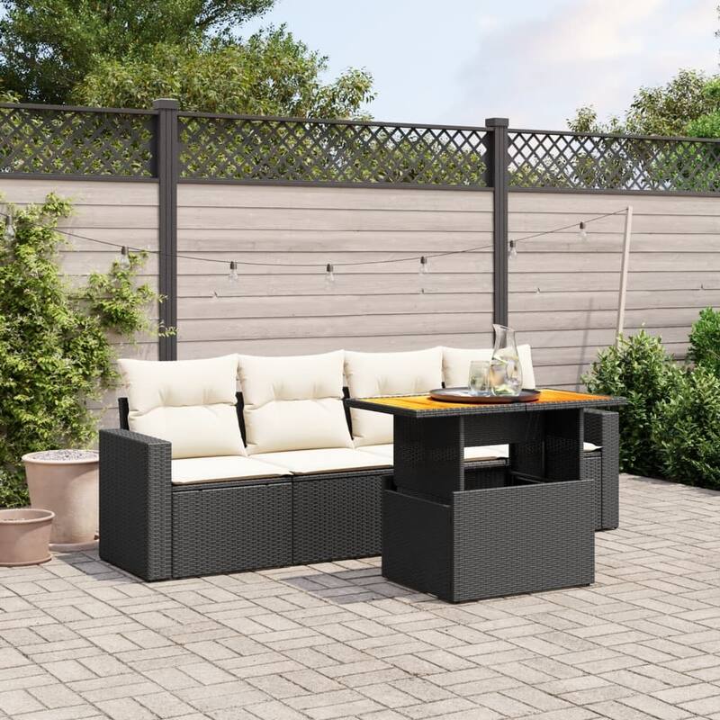 vidaXL Patio Sofa Set with Cushions Table and Sofa Sections 5 Piece Poly Rattan - 21.7 x 39.4 x 28.7 - Black