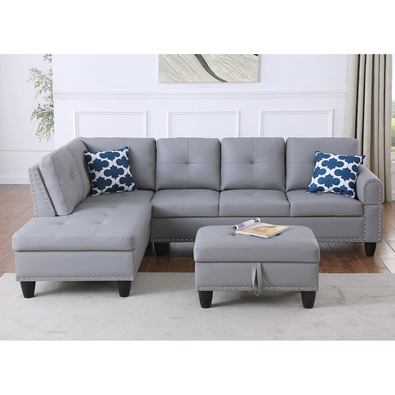 Wood Frame Faux Leather Storage Sectional Sofa with Ottoman & Cup Holders - Grey