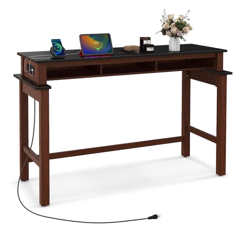 Modern Farmhouse Console Table Bar Table with Charging Station - Black