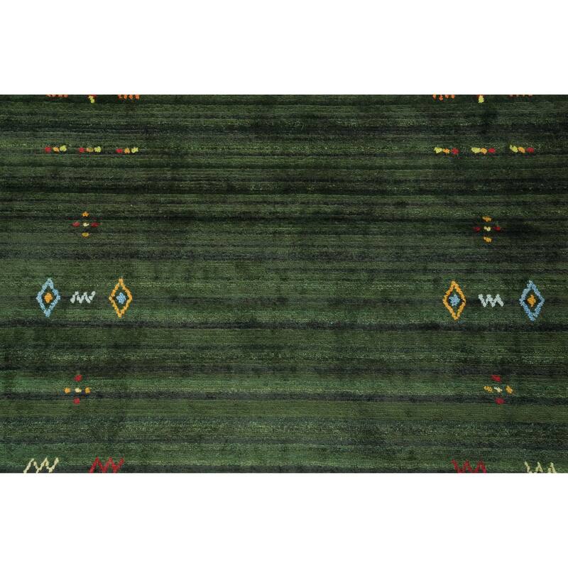 Hand Knotted Oriental Viscose Silk Carpet Tribal Animal Pictorial Green Gabbeh Runner Rug - 7' 6'' X 2' 8''