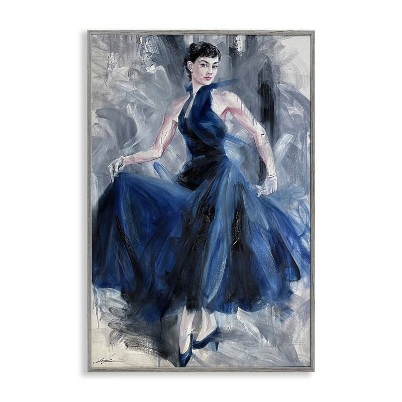 Stupell Stylish Woman in Blue Dress Framed Giclee Art Design By Lucille Lee - 12 x 18 - Grey