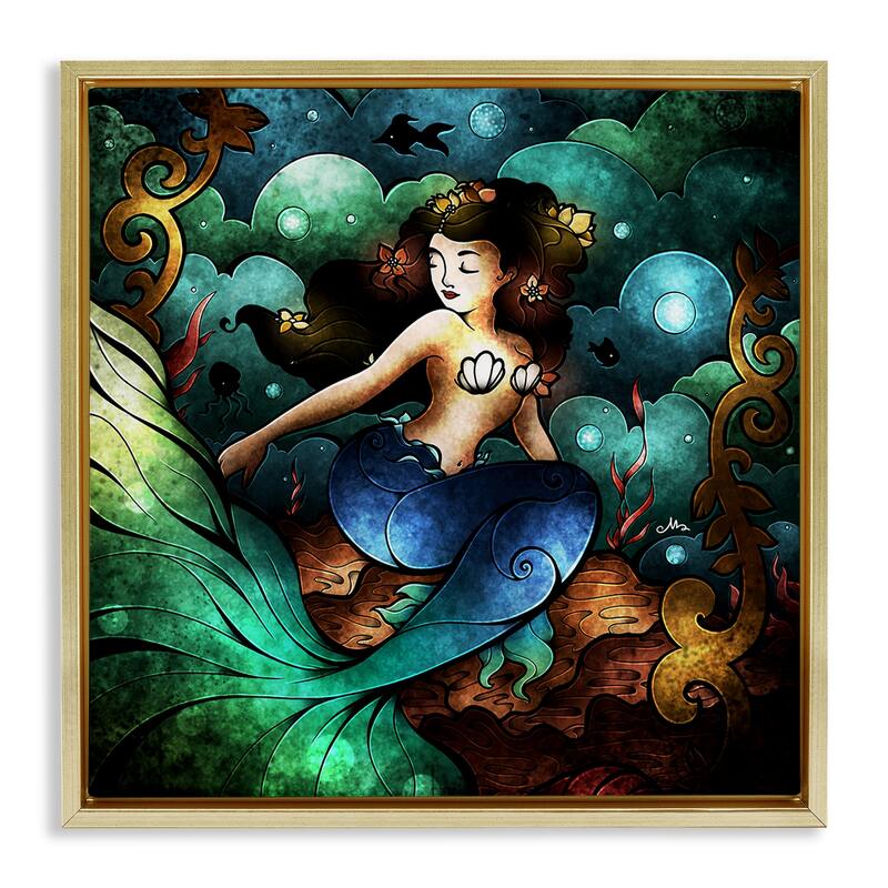 Stupell Vivid Deco Mermaid Framed Floater Canvas Wall Art Design By Mandie Manzano - 18 x 18 - Gold
