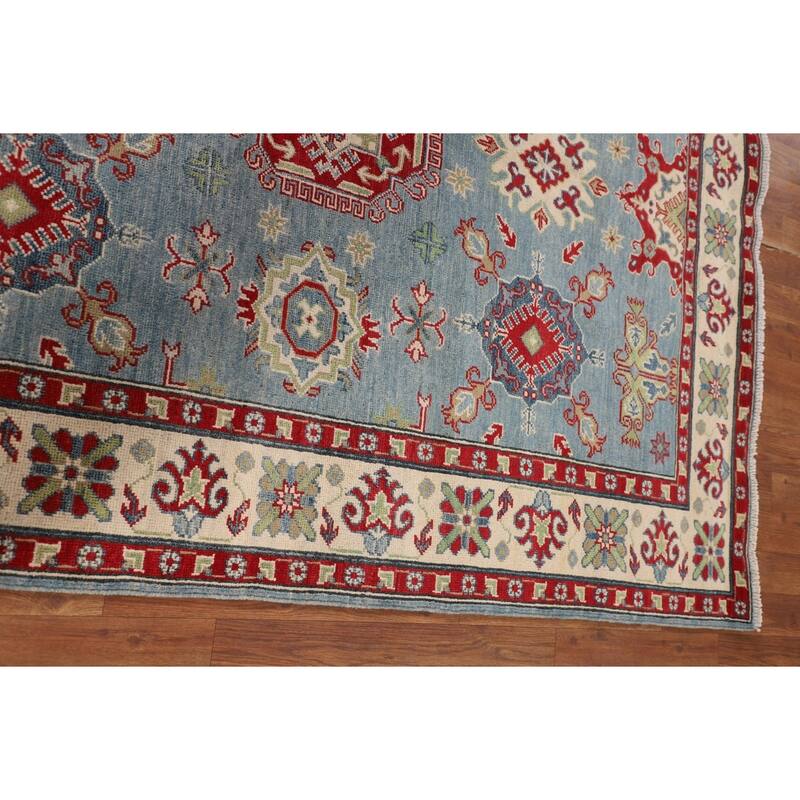 Light Blue Kazak Area Rug Handmade Geometric Wool Carpet - 5'3" x 6'8"