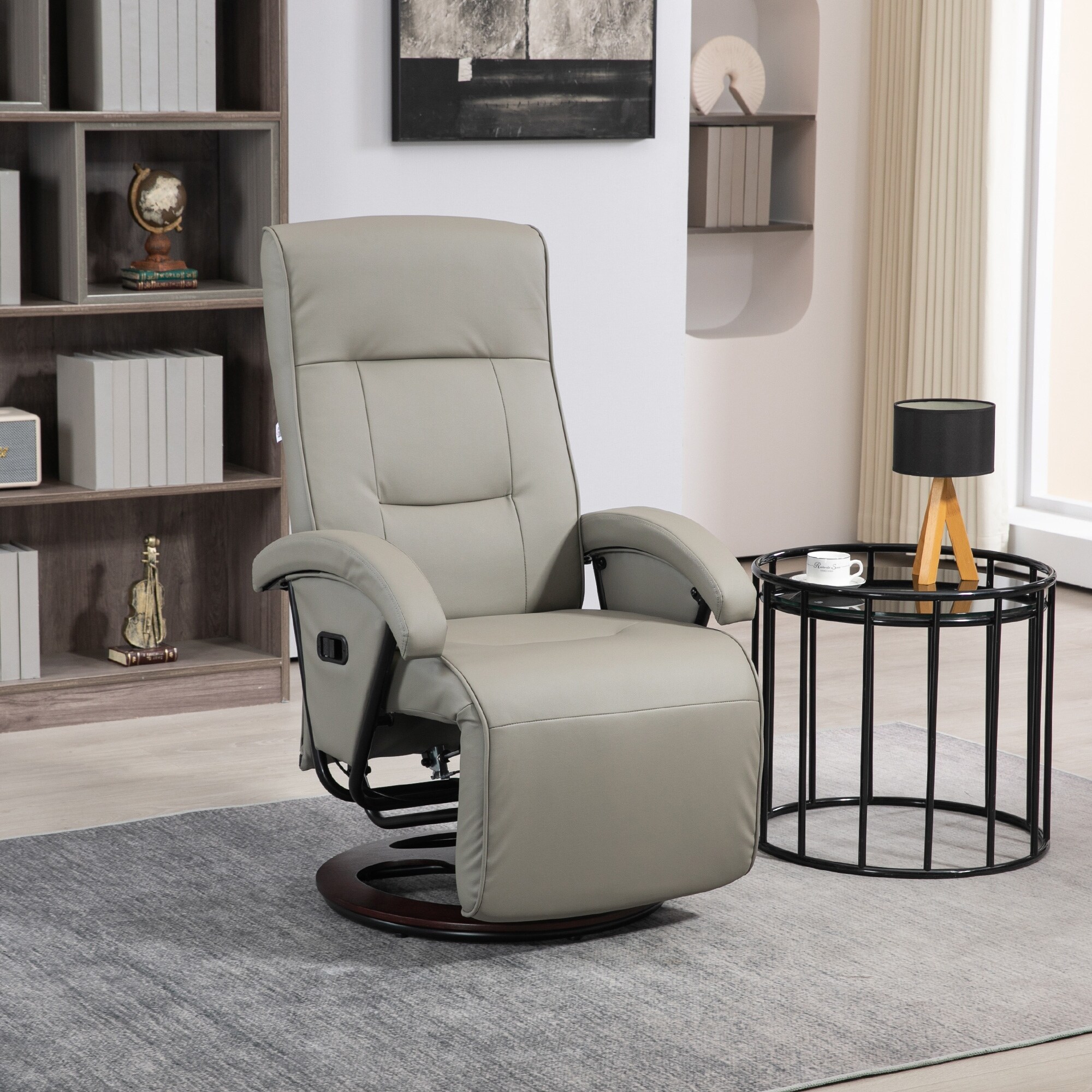 Grey PU Leather Swivel Recliner: Adjustable Comfort with Wooden