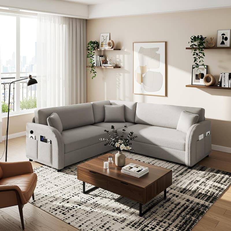 Homy Casa 85"/115" L-Shaped Sectional Sofa Bed USB & Side Pocket, Teddy Fabric Pull-Out Sleeper, Reversible Chaise, Multi Colors