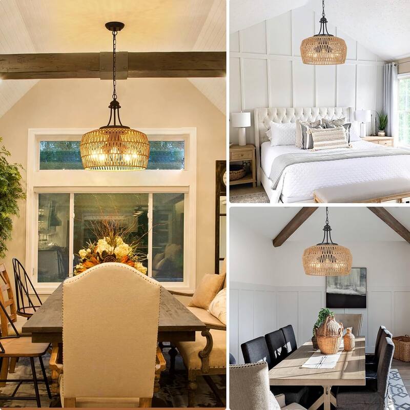 Large Farmhouse Chandeliers for Dining Room, 5-Light Rattan Chandelier Light Fixture with Wicker Lampshade