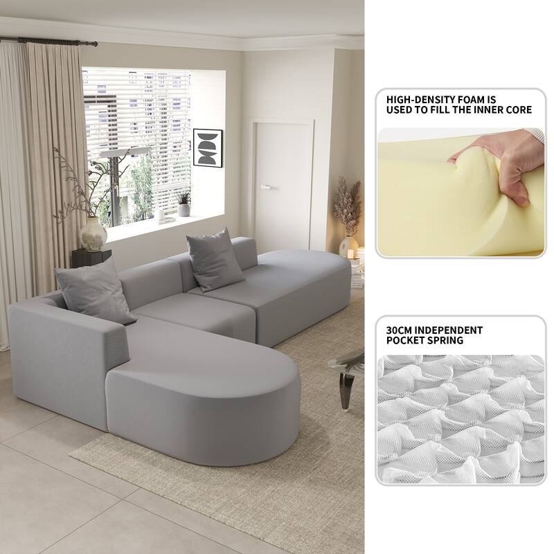 L Shaped Modular Sectional Sofa with Movable Ottoman, Corduroy Boneless Cloud Couch, Full-Compressed Deep Seat Sofa