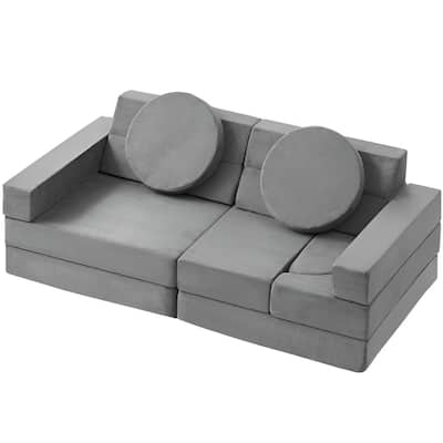 Pure Grey Velvet Modular Kids Sofa with Safe Zippers and 30 Combos - 53.1“L x 26.4” W x 18.5” H