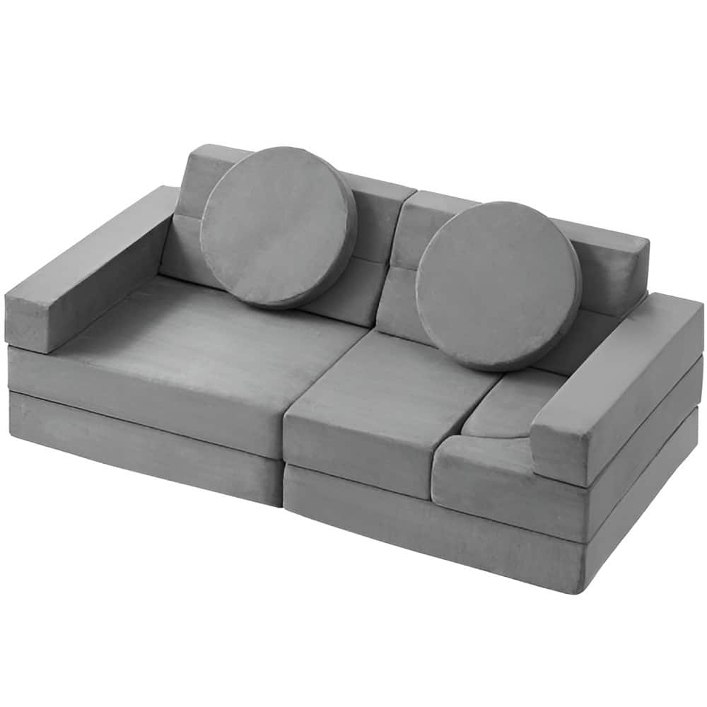 Pure Grey Velvet Modular Kids Sofa with Safe Zippers and 30 Combos - 53.1“L x 26.4” W x 18.5” H