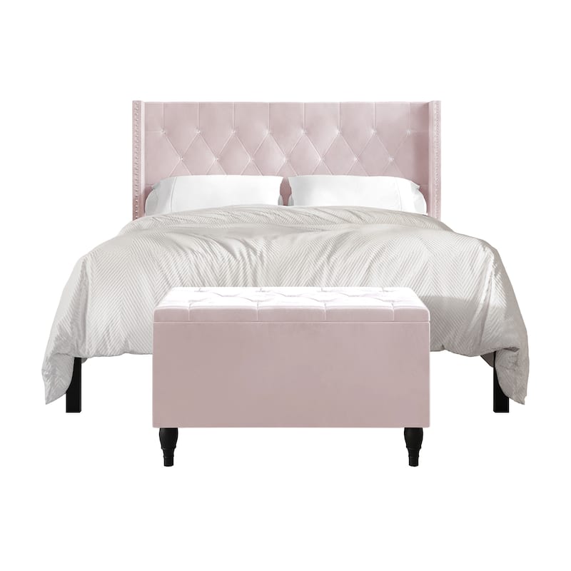 CraftPorch 2 Piece Bedroom Bench Set Velvet Wingback Upholstered Bed - Light Pink - Queen