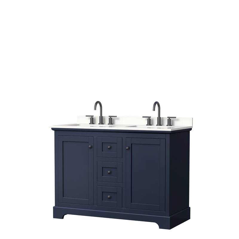 Avery 48-inch Double Vanity, Quartz Top - Dark Blue, Black Trim, White Quartz Top