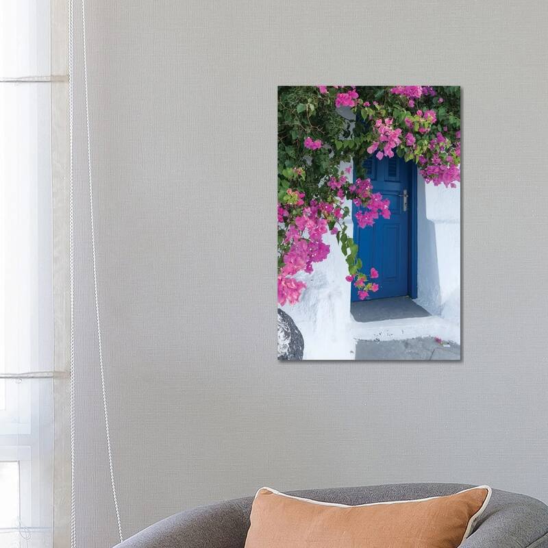 iCanvas "A Picturesque Blue Door Surrounded By Pink Bougainvillea, Firostefani, Santorini, Greece" by Brenda Tharp Canvas Print - 26x18x1.5