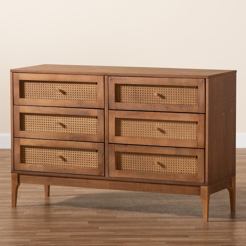 Ramiel Mid-Century Modern Ash Walnut Finished Wood and Rattan 6-Drawer Dresser